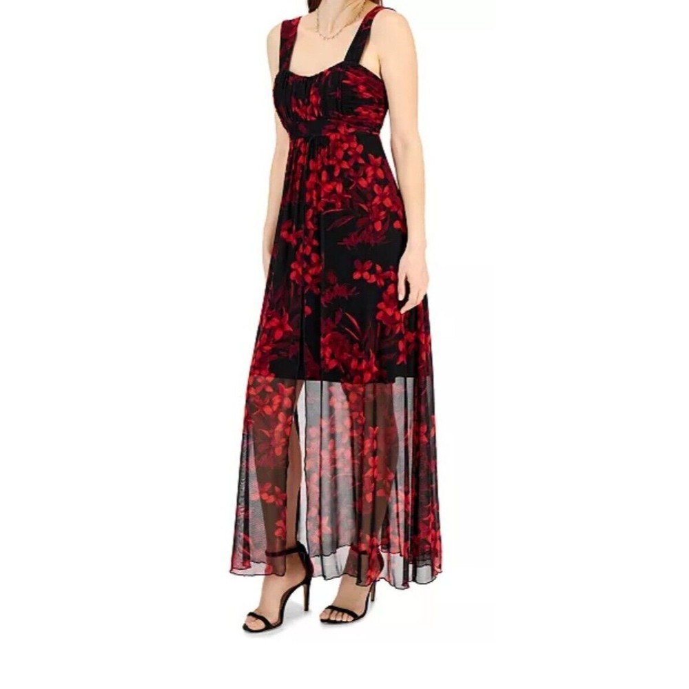 CONNECTED APPAREL Red Black Roses High-Low Maxi Dress Women's Size 6